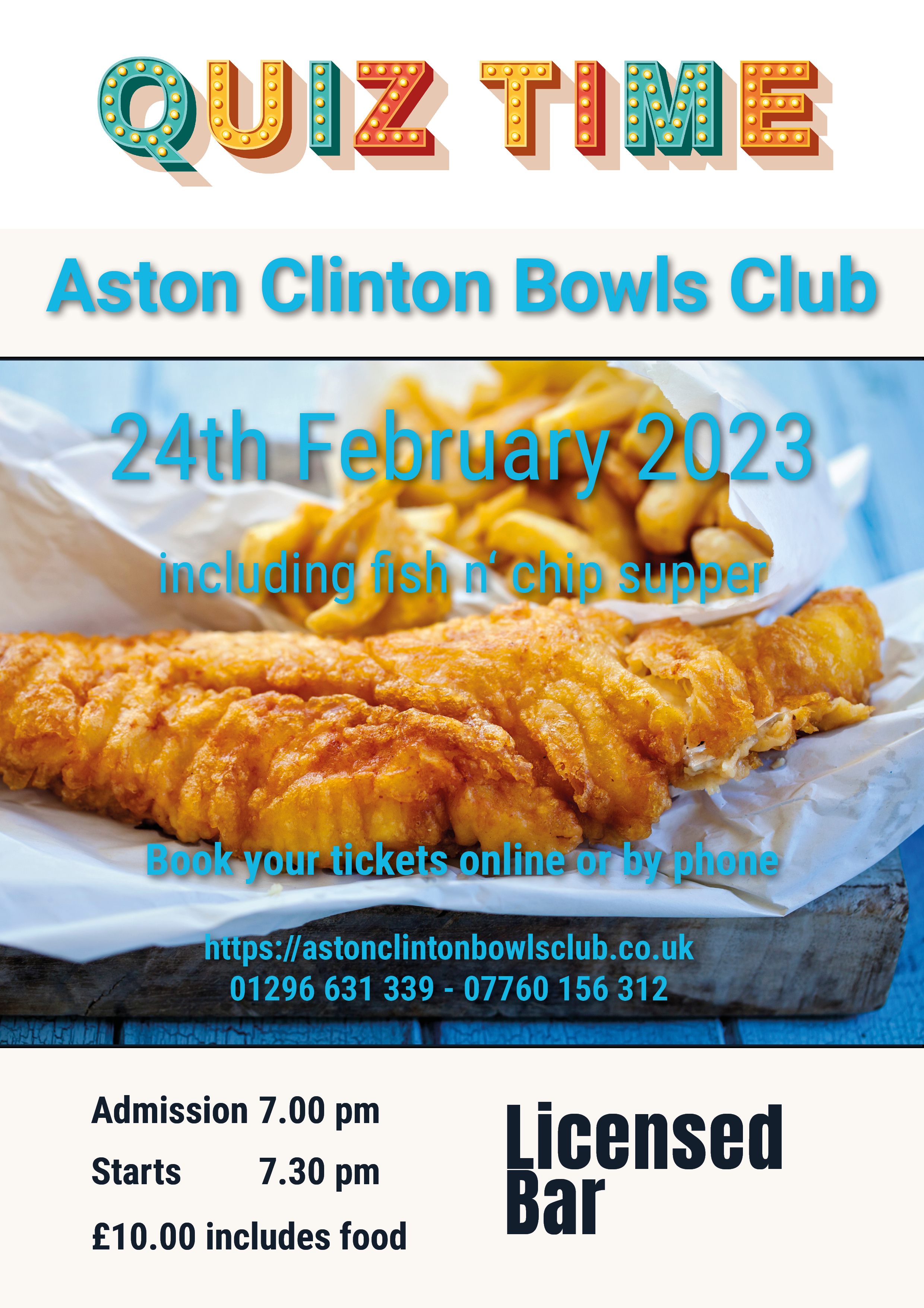 A flyer advertising the quiz night of Aston Clinton Bowls Club 2022.