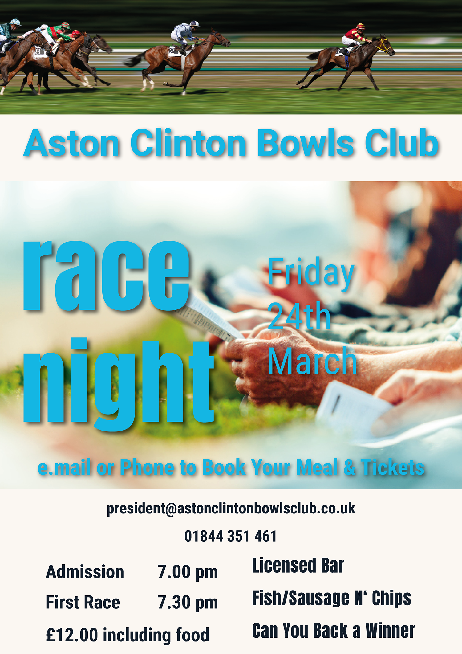 A flyer advertising the race night of Aston Clinton Bowls Club 2023.